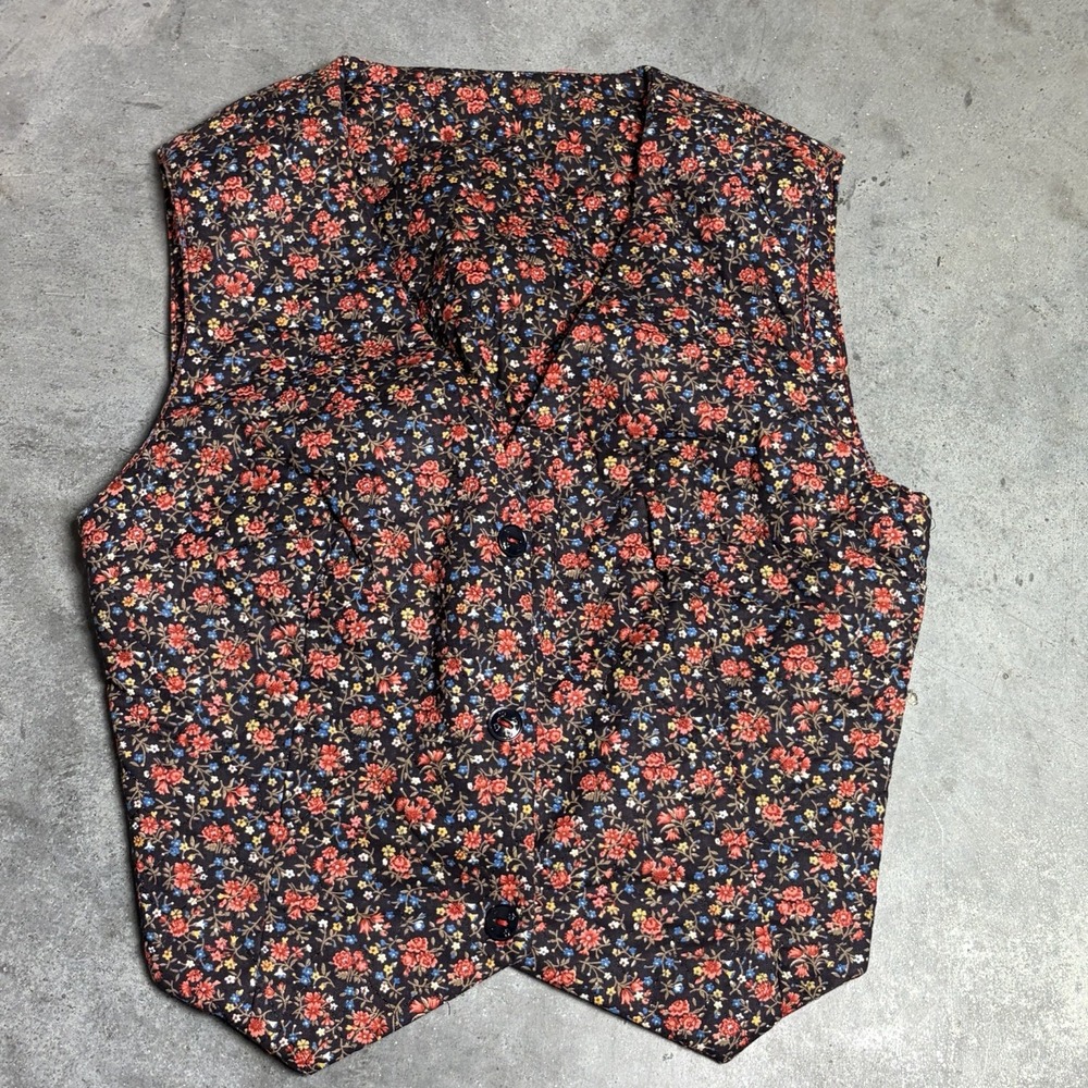VTG Floral Quilted Vest Womens S USA Handmade Cottage Granny Boho Country Ranch